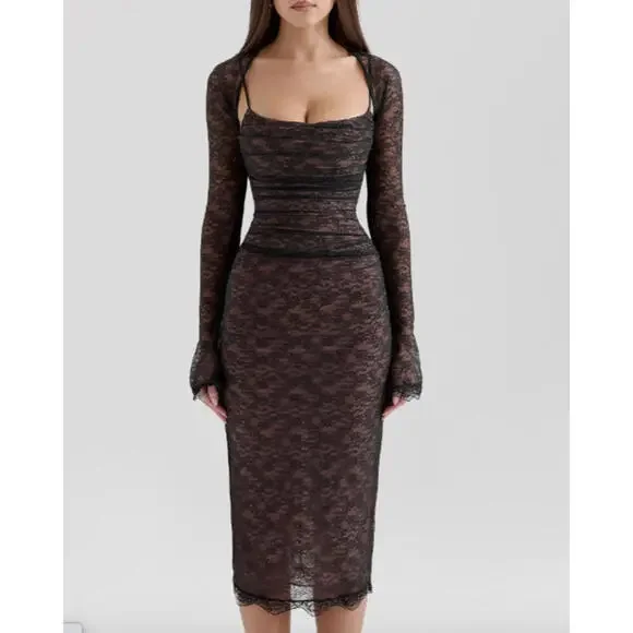 lace trim dress midi Blue Lace Trim Aida Midi Dress